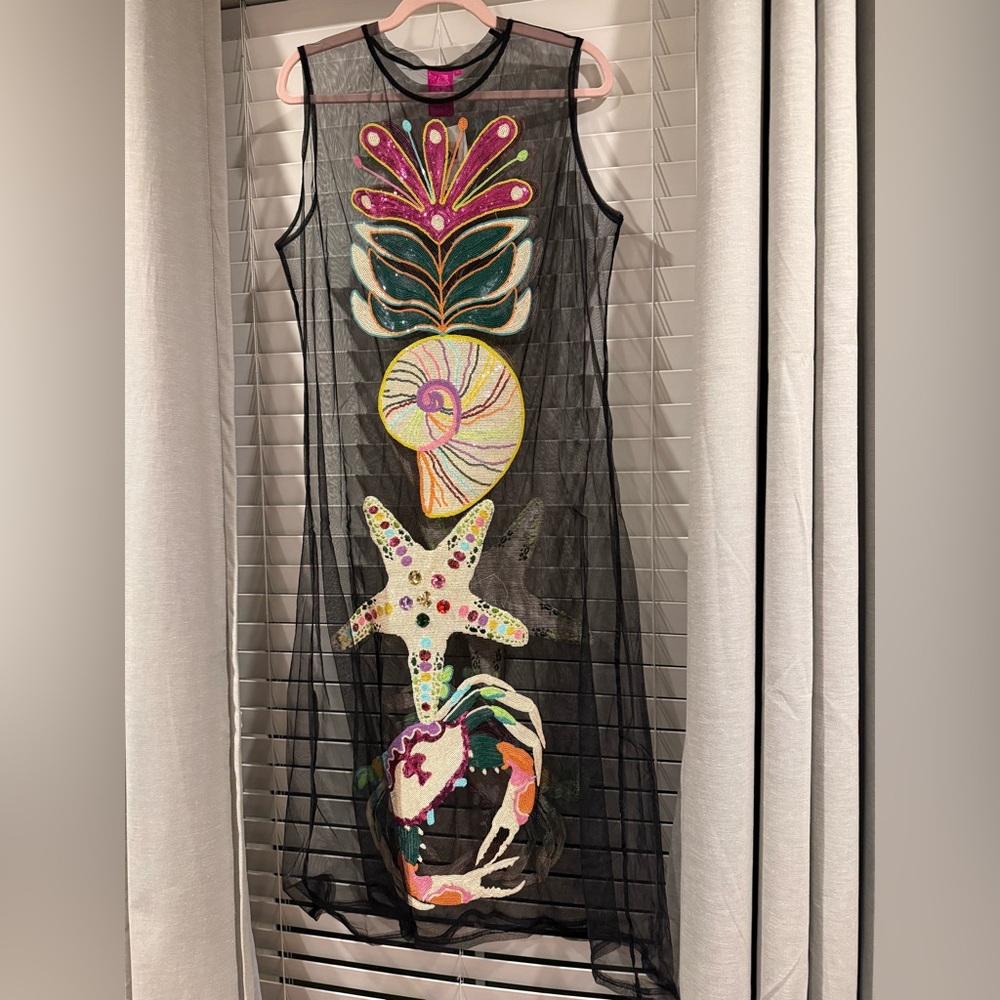 QUEEN OF SPARKLES Black Mesh Swim Coverup with Multicolor Sea Motifs